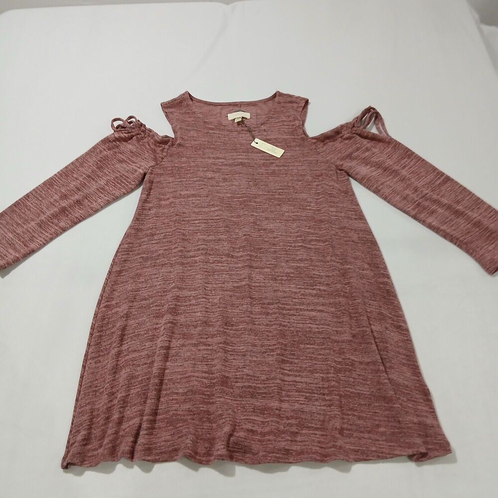 NWT Cupio Tunic Top Medium Cold Shoulder High Neck Heathered Pink Long Sleeve